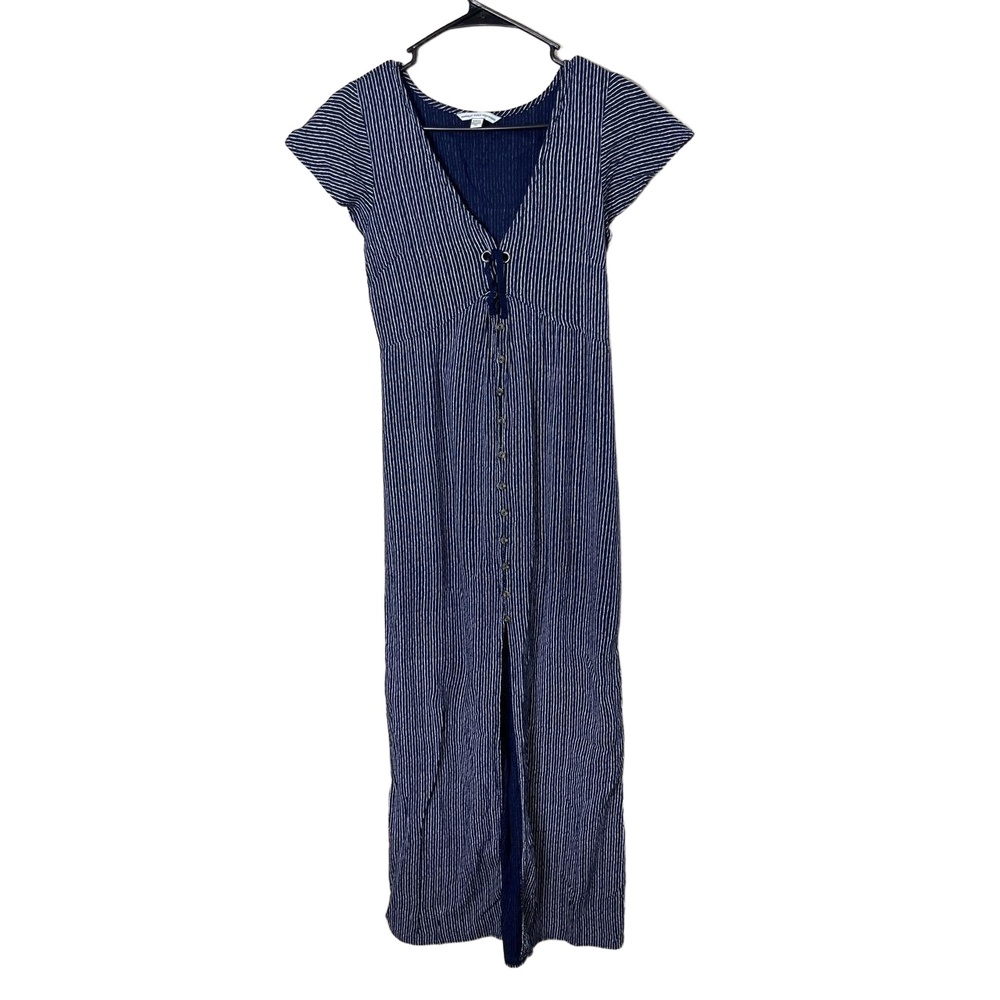 American Eagle Navy Pinstripe Short Sleeve VNeck‎ Button Maxi Dress Small